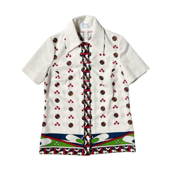 70s vintage abstract pattern blouse short sleeve pointed collar geometric print. - Picture 6 of 6